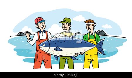 Disegno a mano cartoon di agricoltore e pescatore con i loro prodotti agricoli e di prodotti marini illustrazione vettoriale. 005 Illustrazione Vettoriale