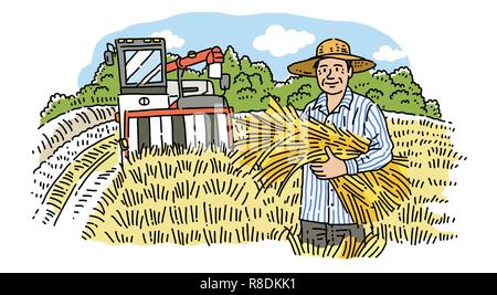 Disegno a mano cartoon di agricoltore e pescatore con i loro prodotti agricoli e di prodotti marini illustrazione vettoriale. 001 Illustrazione Vettoriale