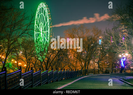 Ruota panoramica sulle rive del fiume Amur a Khabarovsk contro il cielo di notte. Un brillante illuminazione. Fotografato a lunga esposizione. Foto Stock