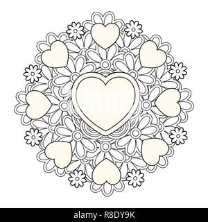 Mandala di fiori con cuori. Il giorno di San Valentino nella pagina di colorazione Illustrazione Vettoriale