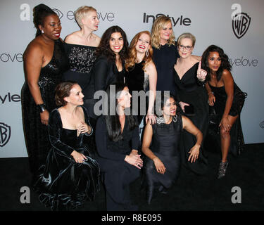 BEVERLY HILLS, Los Angeles, CA, Stati Uniti d'America - 07 gennaio: Tarana Burke, Michelle Williams, America Ferrera, Jessica Chastain, Amy Poehler, Meryl Streep, Kerry Washington, Natalie Portman, Ai-jen Poo, Saru Jayaraman al 2018 InStyle e Warner Bros Foto Golden Globe Awards After Party tenuto presso il Beverly Hilton Hotel il 7 gennaio 2018 in Beverly Hills Los Angeles, California, Stati Uniti. (Foto di Xavier COLLIN/Image Press Agency) Foto Stock