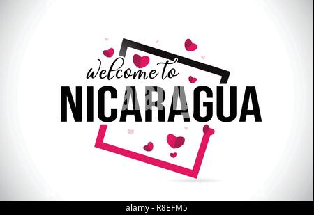 Nicaragua Benvenuto a parola del testo con caratteri scritti a mano e cuori rossi Design quadrato Illustrazione Vettore. Illustrazione Vettoriale