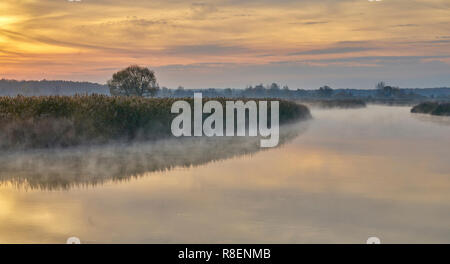 Nebbia di mattina oltre il fiume, colorato orange sunrise Foto Stock