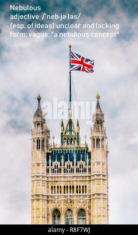London, Regno Unito - Dic 14, 2018: nebuloso Victoria Tower, Palazzo di Westminster, Regno Unito Brexit durante i negoziati nel dicembre 2018 Foto Stock