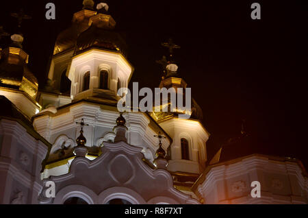 Chiesa di Santo Myrrh-Bearers dello specchio corrente. Kharkiv. L'Ucraina. Foto dettagliate di chiesa con cupole dorate e decori in rilievo di notte Foto Stock