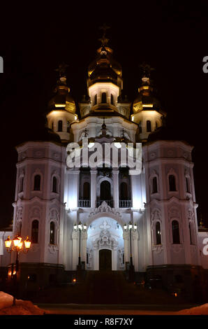 Chiesa di Santo Myrrh-Bearers dello specchio corrente. Kharkiv. L'Ucraina. Foto dettagliate di chiesa con cupole dorate e decori in rilievo di notte Foto Stock