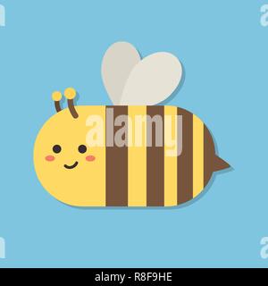 Carino Bee Cartoon battenti isolato su sfondo blu illustrazione vettoriale Illustrazione Vettoriale