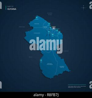 Vector Guyana mappa illustrazione con neon blu lightpoints - triangolo sul blu scuro gradiente dello sfondo. Divisioni amministrative Illustrazione Vettoriale