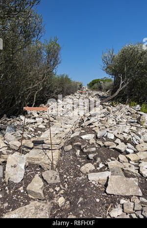 La costruzione di un nuovo muro di pietra a secco in pietra di Purbeck sull'isola di Purbeck, Dorset, Inghilterra, Regno Unito Foto Stock