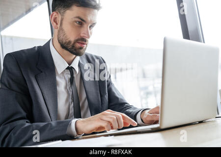 I mediatori di affari il pranzo al ristorante seduti vicino al vetro lavorando su laptop concentrata Foto Stock