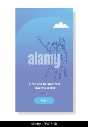 Due uomo barbuto prendendo selfie foto fotocamera dello smartphone giovane turista in viaggio di vacanza concetto verticale lo spazio di copia Illustrazione Vettoriale