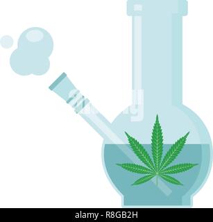 Bong in vetro per fumatori. Bong blu con la marijuana. Isolato illustrazione vettoriale su sfondo bianco. Illustrazione Vettoriale