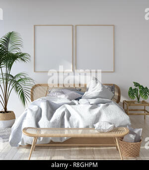 Mock-up fotogramma poster in camera da letto scandinavo, stile bohemien, 3D render Foto Stock