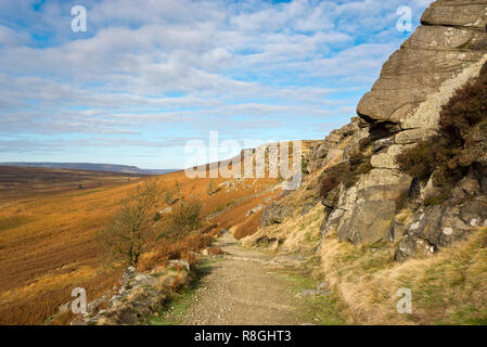 Il sentiero sotto alta Neb sul bordo Stanage nel parco nazionale di Peak District, Inghilterra. Colore di autunno sulle piste. Foto Stock