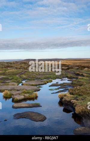 Pozzanghere sulla strada a bordo Stanage nel parco nazionale di Peak District, Derbyshire, in Inghilterra. Foto Stock