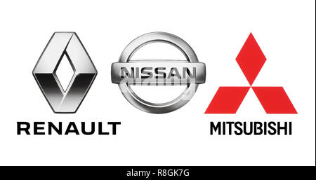 Kiev, Ucraina - 22 Ottobre 2018: Loghi di costruttori di automobili: dell'alleanza Renault Nissan, Mitsubishi, stampato su carta bianca Foto Stock