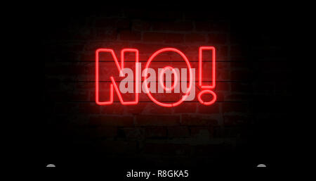 Nessun segno di neon luce sul muro di mattoni in background. Incandescente testo grande concetto astratto 3D'illustrazione. Retrò degli anni ottanta stile. Foto Stock