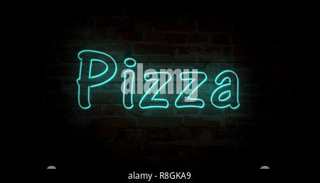Pizza insegna al neon luce sul muro di mattoni in background. Incandescente testo grande concetto astratto 3D'illustrazione. Retrò degli anni ottanta stile. Foto Stock