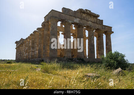 Tempio di Hera Tempio (E) è stato costruito circa 470 a 450 BC. È il più famoso edificio di Selinunte il parco archeologico di Castelvetrano, Sicilia, Italia Foto Stock
