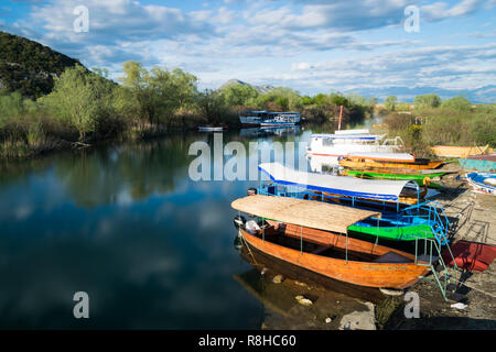 / Virpazar Montenegro: piccole barche colorate intorno al ponte al Lago di Skadar Foto Stock