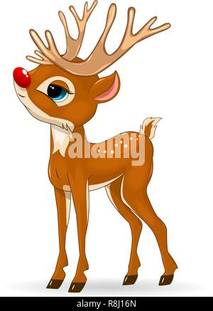 Poco cartoon deer su uno sfondo bianco. Deer baby con un naso rosso. Illustrazione Vettoriale