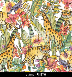 Acquerello illustrazione della giungla, naturale tropicale esotico modello senza cuciture con fiori di orchidee, Monstera, palm, liana, tigre, giraffe e toucan su Foto Stock