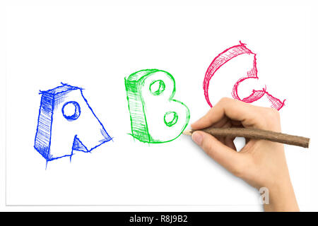 Disegno a mano sketchy ABC lettere sul foglio di carta bianco Foto Stock