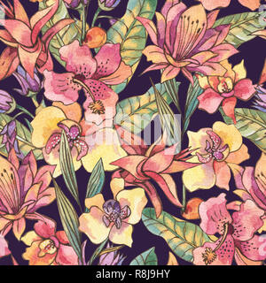 Acquerello seamless pattern, esotici vintage naturale fioritura di orchidee e fiori foglie di banano, monstera. Tropical consistenza naturale su sfondo nero, gr Foto Stock