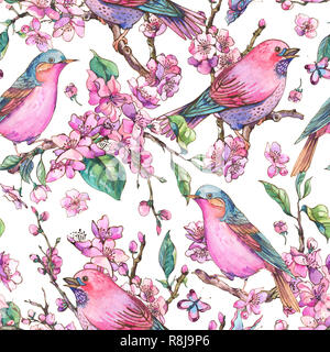 Watercolor floral spring seamless pattern, pink blooming branches of cherry peach, pear, sakura, apple trees and butterflies, beautiful birds in love  Foto Stock