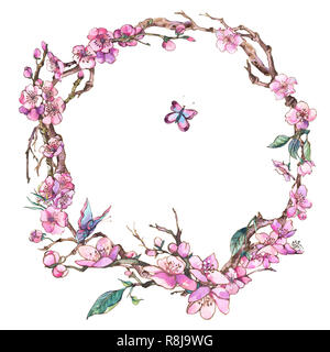 Molla ad acquerello biglietto di auguri, vintage floral cornice rotonda con rosa rami fioriti di ciliegia pesca, pera, Sakura, meli e farfalle, fl Foto Stock