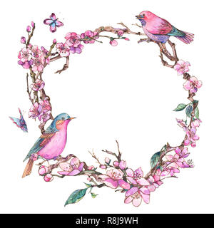 Molla ad acquerello biglietto di auguri, vintage floral cornice rotonda con uccelli, rosa rami fioriti di ciliegia pesca, pera, Sakura, meli, farfalle Foto Stock