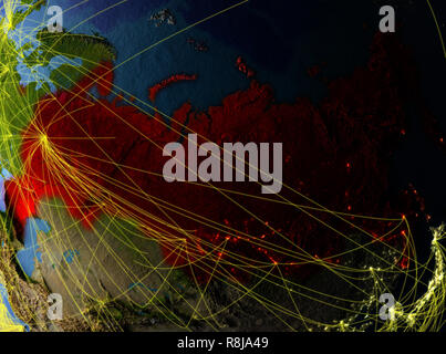 La Russia da spazio sul modello del pianeta Terra con le reti. Pianeta dettagliata superficie con luci della citta'. 3D'illustrazione. Gli elementi di questa immagine arredate Foto Stock