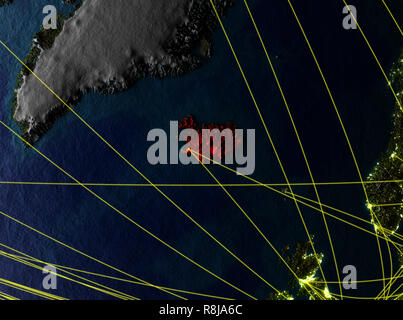 Islanda da spazio sul modello del pianeta Terra con le reti. Pianeta dettagliata superficie con luci della citta'. 3D'illustrazione. Gli elementi di questa immagine arredate Foto Stock