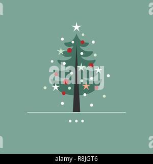 Carino albero di Natale illustrazione con fiocchi di neve bianca, stelle e ornamenti di colore rosso su sfondo verde Illustrazione Vettoriale