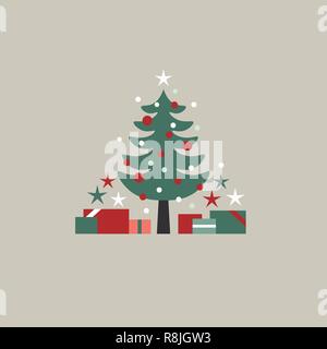 Carino albero di Natale illustrazione con fiocchi di neve bianco, il rosso e il verde presenta, stelle e ornamenti su sfondo beige Illustrazione Vettoriale