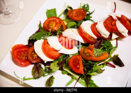 Mozzarella, pomodori e insalata su una piazza piastra bianca Foto Stock