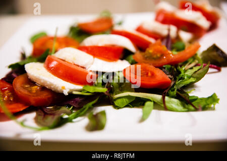 Mozzarella, pomodori e insalata su una piazza piastra bianca Foto Stock