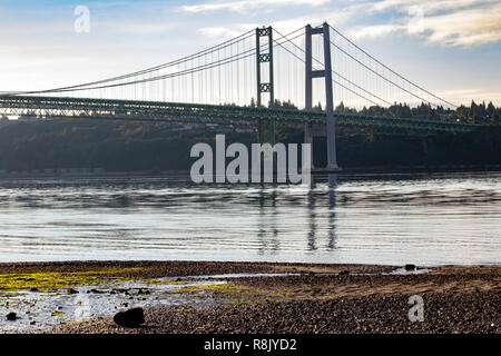 Spiaggia di ghiaia nei pressi di Tacoma Narrows Bridge in estate Foto Stock