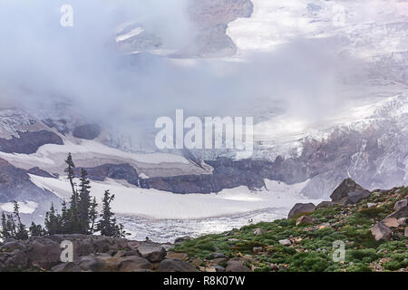 Alberi di fronte a montagne innevate con le nuvole Foto Stock
