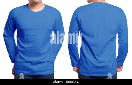 Blu con maniche lunghe t-shirt mock up, vista anteriore e posteriore, isolata. Modello maschio normale usura navy blue shirt mockup. Camicia a maniche lunghe modello di disegno. Bla Foto Stock