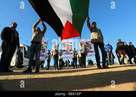 La striscia di Gaza, la Palestina. Il 14 dicembre 2018 palestinesi portano cartelli e una bandiera palestinese come essi si riuniscono per inscenare una protesta all'interno della 'grande marzo di Re Foto Stock