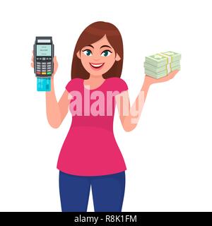 Giovane donna che mostra il terminale pos o carte di credito/debito passando il dito verso la macchina e azienda bundle di contanti/denaro/moneta note. Wireless banca moderna il pagamento, Illustrazione Vettoriale