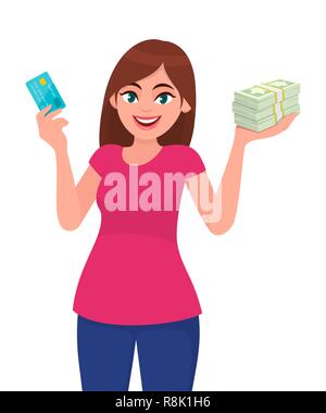 Attraente giovane donna felice che tiene o mostra una carta di credito/debito, pacchetto di contanti/denaro/banconote in mano. Pagamento bancario wireless moderno. Illustrazione Vettoriale