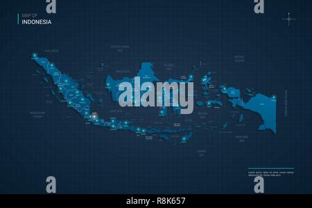 Vector Indonesia mappa illustrazione con neon blu lightpoints - triangolo sul blu scuro gradiente dello sfondo. Divisioni amministrative Illustrazione Vettoriale
