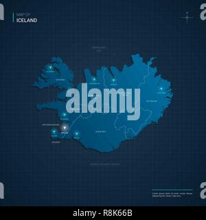 Vector Islanda mappa illustrazione con neon blu lightpoints - triangolo sul blu scuro gradiente dello sfondo. Divisioni amministrative Illustrazione Vettoriale