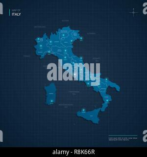 Vector Italia mappa illustrazione con neon blu lightpoints - triangolo sul blu scuro gradiente dello sfondo. Divisioni amministrative Illustrazione Vettoriale