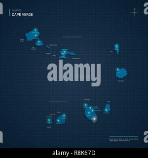 Vettore Capo Verde mappa illustrazione con neon blu lightpoints - triangolo sul blu scuro gradiente dello sfondo. Divisioni amministrative Illustrazione Vettoriale