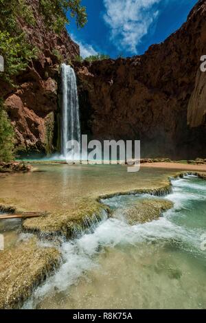 Stati Uniti, Arizona, il Parco Nazionale del Grand Canyon, prenotazione indiana di Havasupai, famosa per le sue 5 turchese-blu a cascate, Mooney Falls Foto Stock