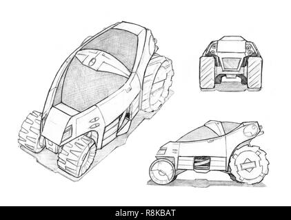 Matita Concept Art disegno di piccole fuoristrada futuristico design automobilistico Foto Stock