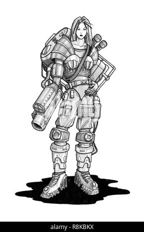 Concetto di inchiostro arte disegno di Cyborg donna con arma attaccata al suo braccio Foto Stock